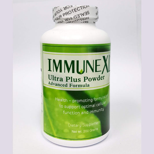 ImmuneXL Ultra Plus Powder bottle label highlights 38 fruits and 18B probiotics