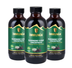 Immunia elderberry syrup bottle with no sugar added and rich flavor.