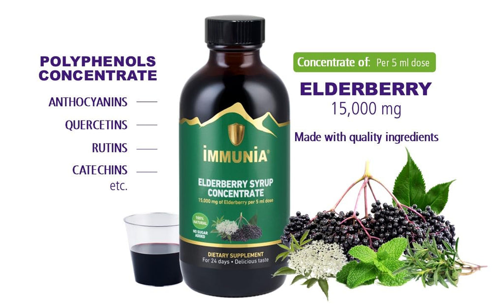 Immunia elderberry syrup label close-up highlights ingredients and natural sourcing.