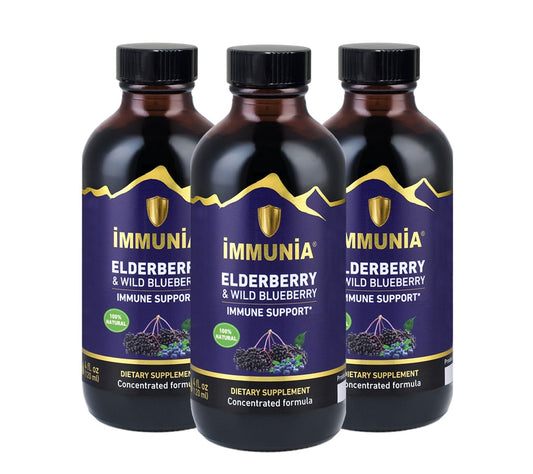 Immunia elderberry and wild blueberry concentrate bottle for immune support and flavor.