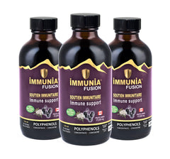 Immunia Fusion bottle front label showing elderberry and blue fruit blend for immune support.
