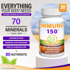Immuno 150 bottle label featuring 70 minerals and 80 nutrients for balanced nutrition