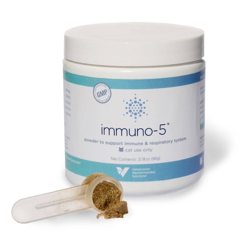 Immuno-5 bottle front—vet-approved cat supplement for health support.
