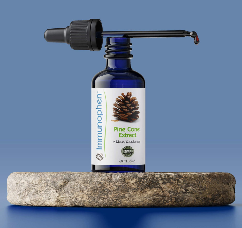Immunophen bottle being poured shows convenient once-daily use.