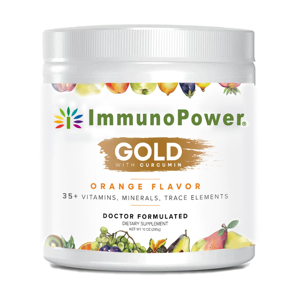 ImmunoPower Gold orange flavor powder tub ready for daily immune support