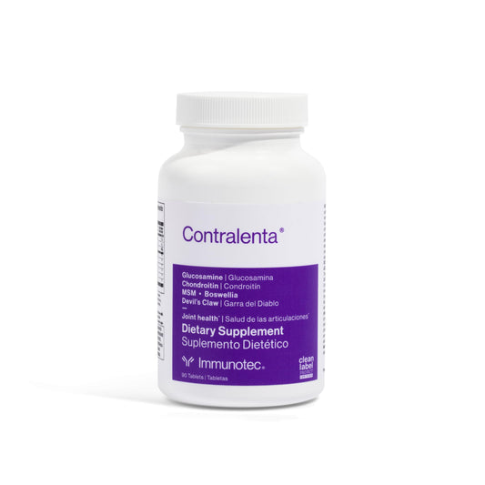 Immunotec Contralenta bottle close-up highlighting the six-ingredient formula for joint support