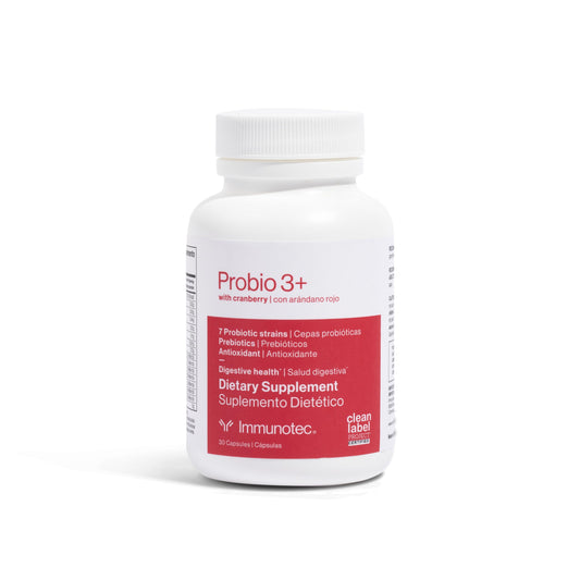 Immunotec PROBIO 3+ with Cranberry bottle, highlighting a gut-friendly synbiotic routine
