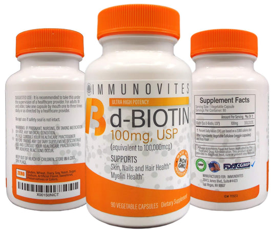 IMMUNOVITES Biotin 100 mg bottle showcasing high-dose daily option