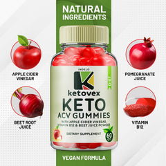 Indelo Ketovex Gummies ingredients table featuring ACV, B12, beet juice, pomegranate
