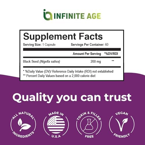 Infinite Age black seed oil capsules on a vanity for skin care.