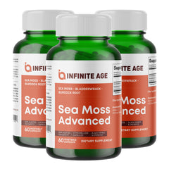 INFINITE AGE sea moss bottle showing premium, high-potency seaweed capsules for daily wellness.