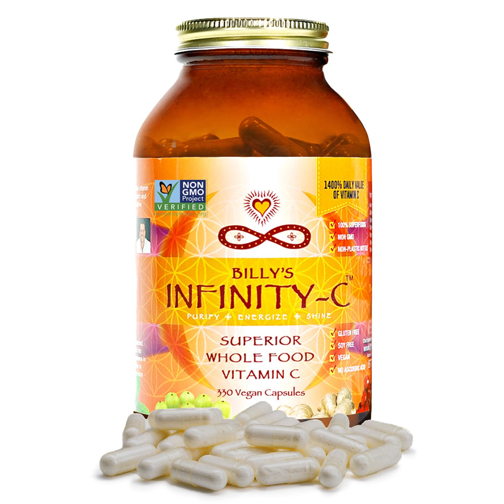 Infinity-C capsules in bottle showing plant-based vitamin C for immune support