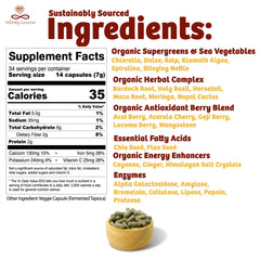 Infinity Greens amber glass jar packaging emphasizes freshness and quality.