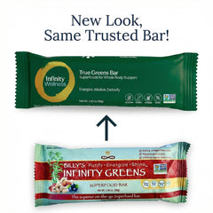 Infinity Greens bars ingredients close-up with almonds, spirulina, and maca for nutrient density.