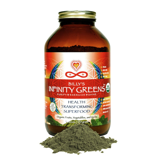 Infinity Greens bottle front showing premium green superfood powder for daily vitality