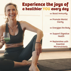Infinity Greens bottle pour showing easy mixing for smoothies