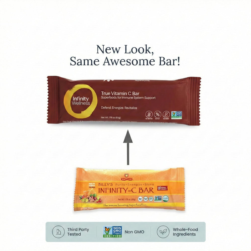 Infinity Greens Infinity C bar ingredients closeup, highlighting plant-based vitamin C from camu camu and acerola.