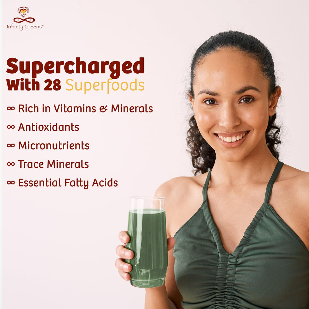 Infinity Greens spoon dispense illustrating one serving measure for nutrition