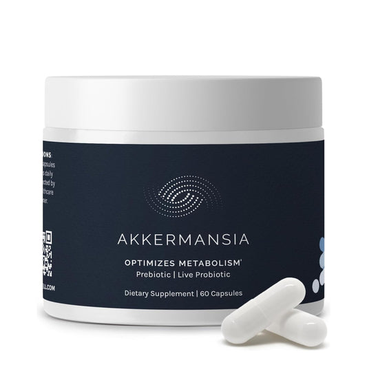 InfiniWell Akkermansia probiotic bottle showing the label, promoting gut balance.