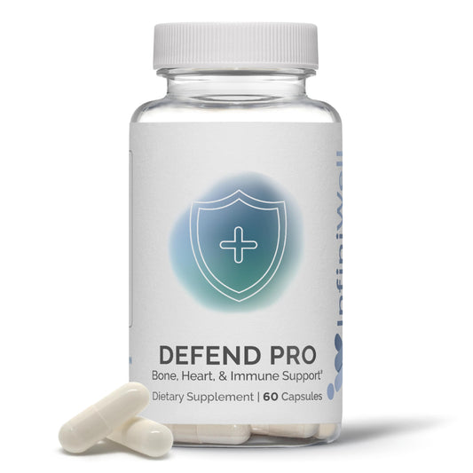 InfiniWell Defend Pro bottle front highlighting bone and immune support.