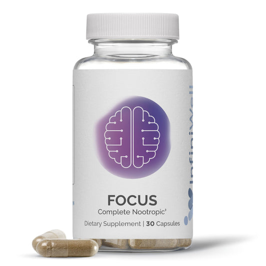InfiniWell Focus bottle close-up showing a clean label for daily cognitive support.