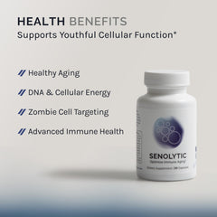 InfiniWell Senolytic bottle with label closeup signals trusted daily health support.