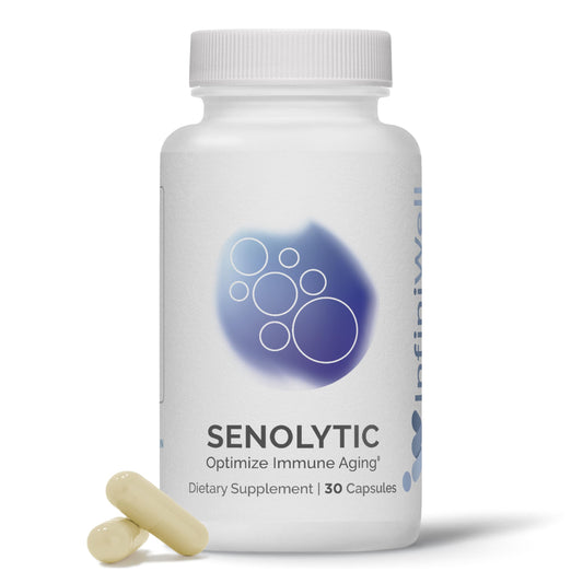 InfiniWell Senolytic capsules 30 count on display for daily longevity support.