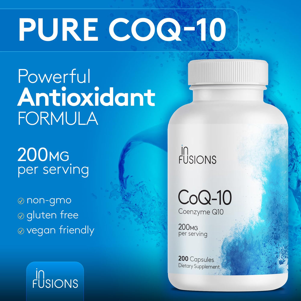Infusions International CoQ10 capsules close-up emphasizing premium ingredients.