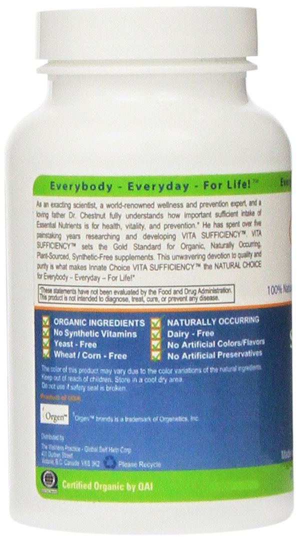 Innate Choice Vita Sufficiency label closeup showing certified organic ingredients for clean nutrition