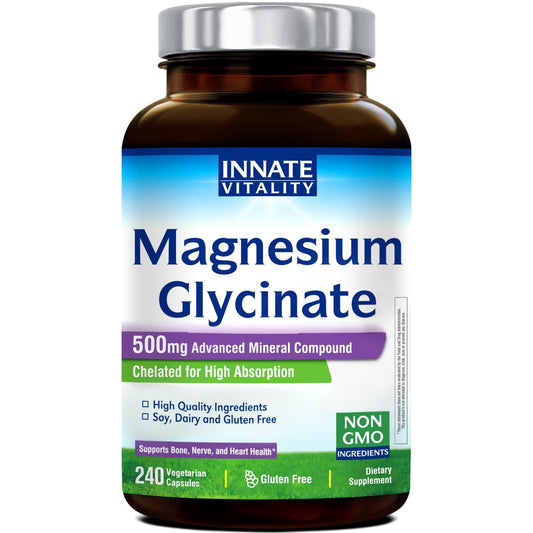 Innate Vitality Magnesium Glycinate bottle front, high absorption formula for daily wellness.
