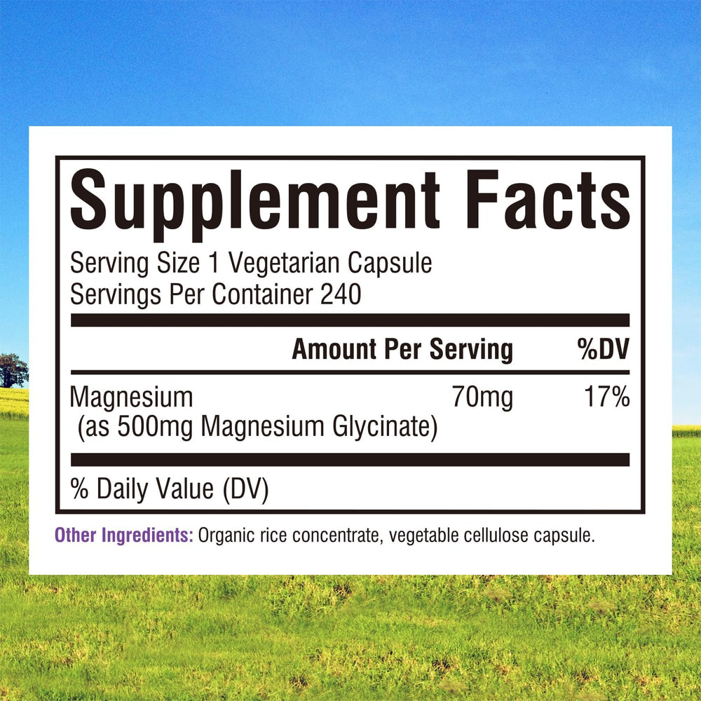 Capsules close-up shows 70 mg elemental magnesium per capsule for daily needs.