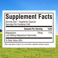 Capsules close-up shows 70 mg elemental magnesium per capsule for daily needs.