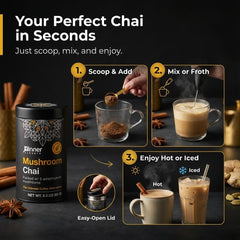 Inner Elevate Chaga and Reishi infusion, with rich earthy notes and smooth spice.