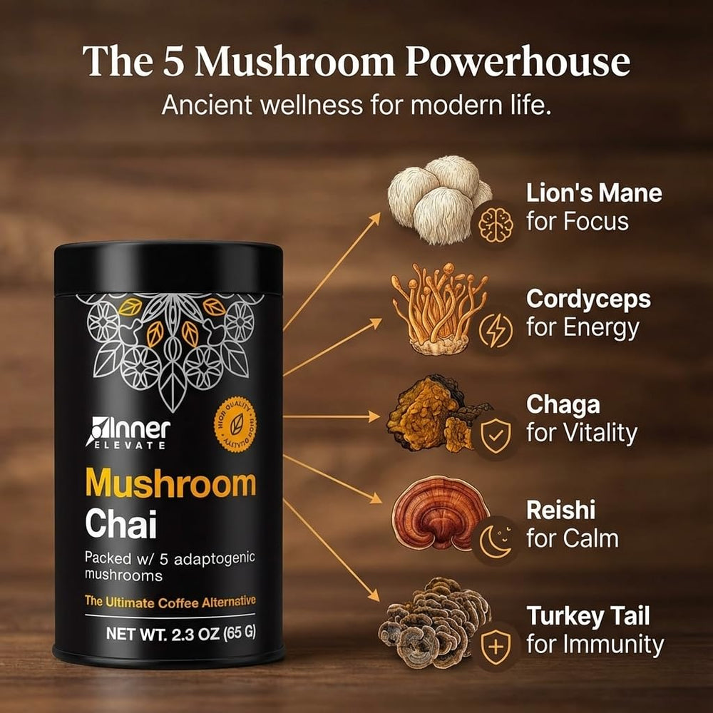 Inner Elevate Lions Mane mushrooms in tea brew, supporting mental clarity and calm.