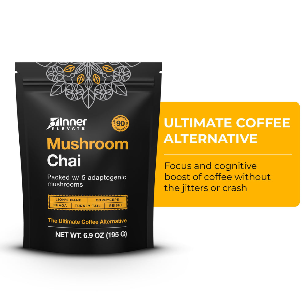 Inner Elevate Mushroom Chai package close-up emphasizing premium ingredients.