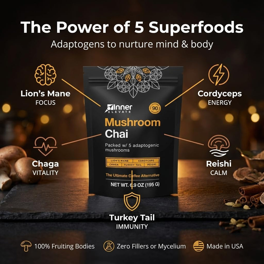 Inner Elevate Mushroom Chai spices close-up delivering warm, flavorful chai aroma.
