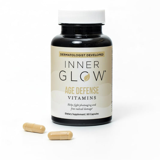 Inner Glow Age Defense Vitamins bottle for daily antioxidant support.
