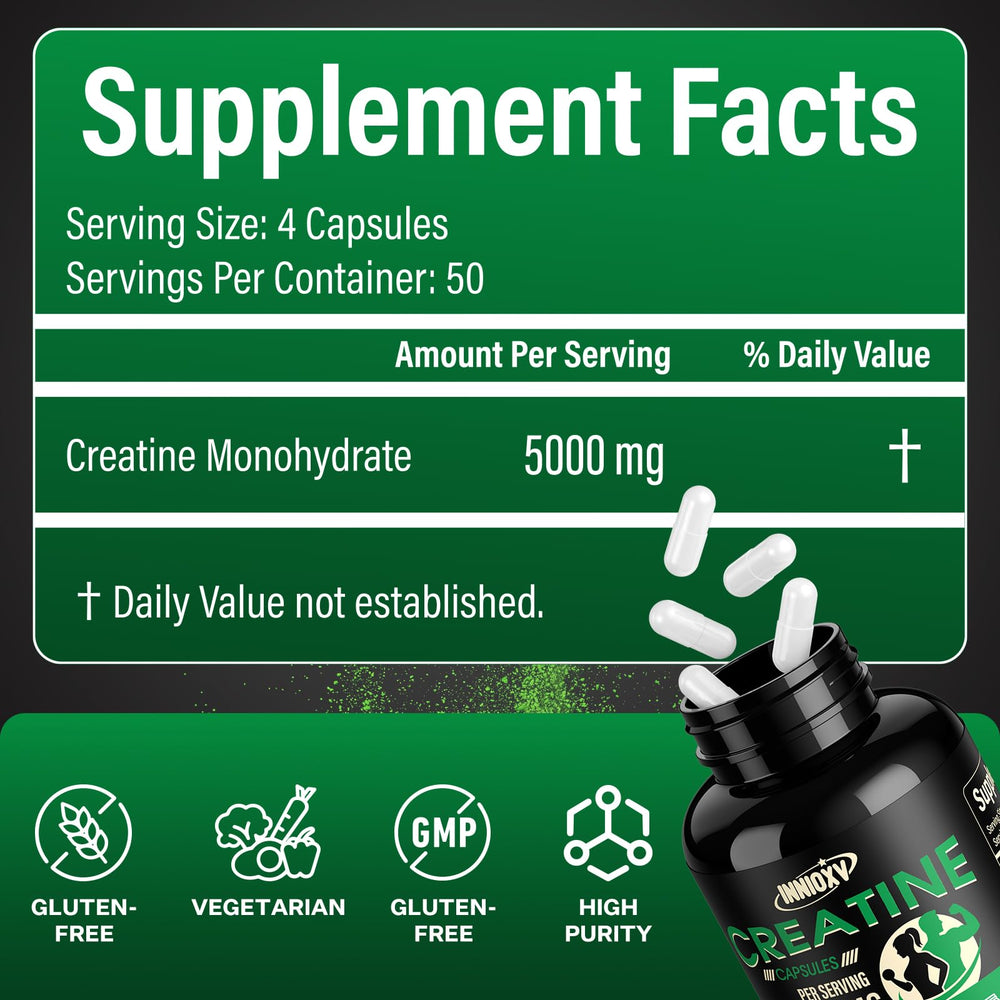 INNIOXV creatine monohydrate capsules close‑up for easy, mess‑free dosing.