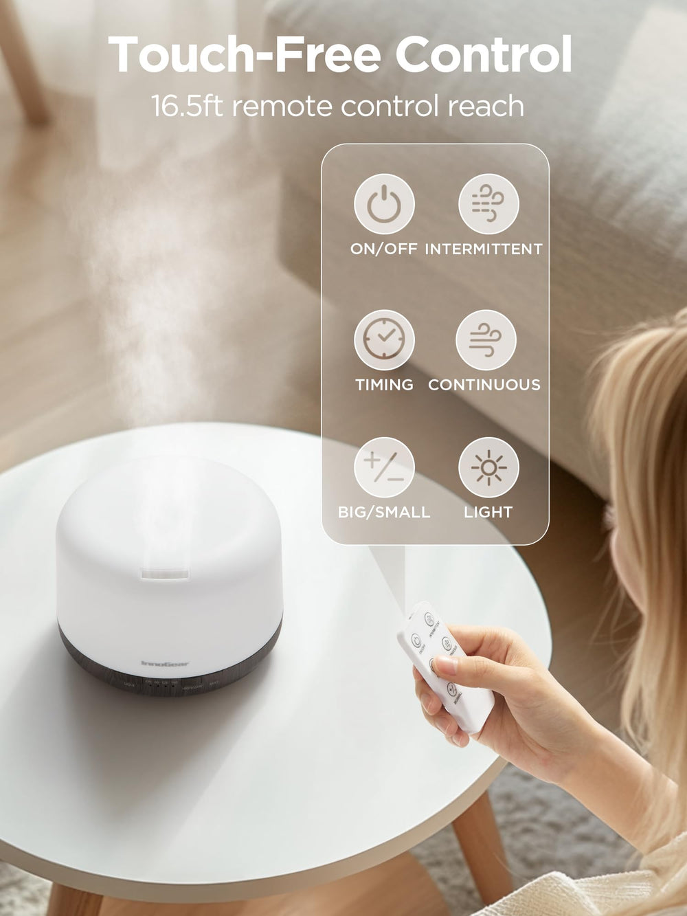 InnoGear diffuser continuous-mist mode fills rooms evenly for steady fragrance