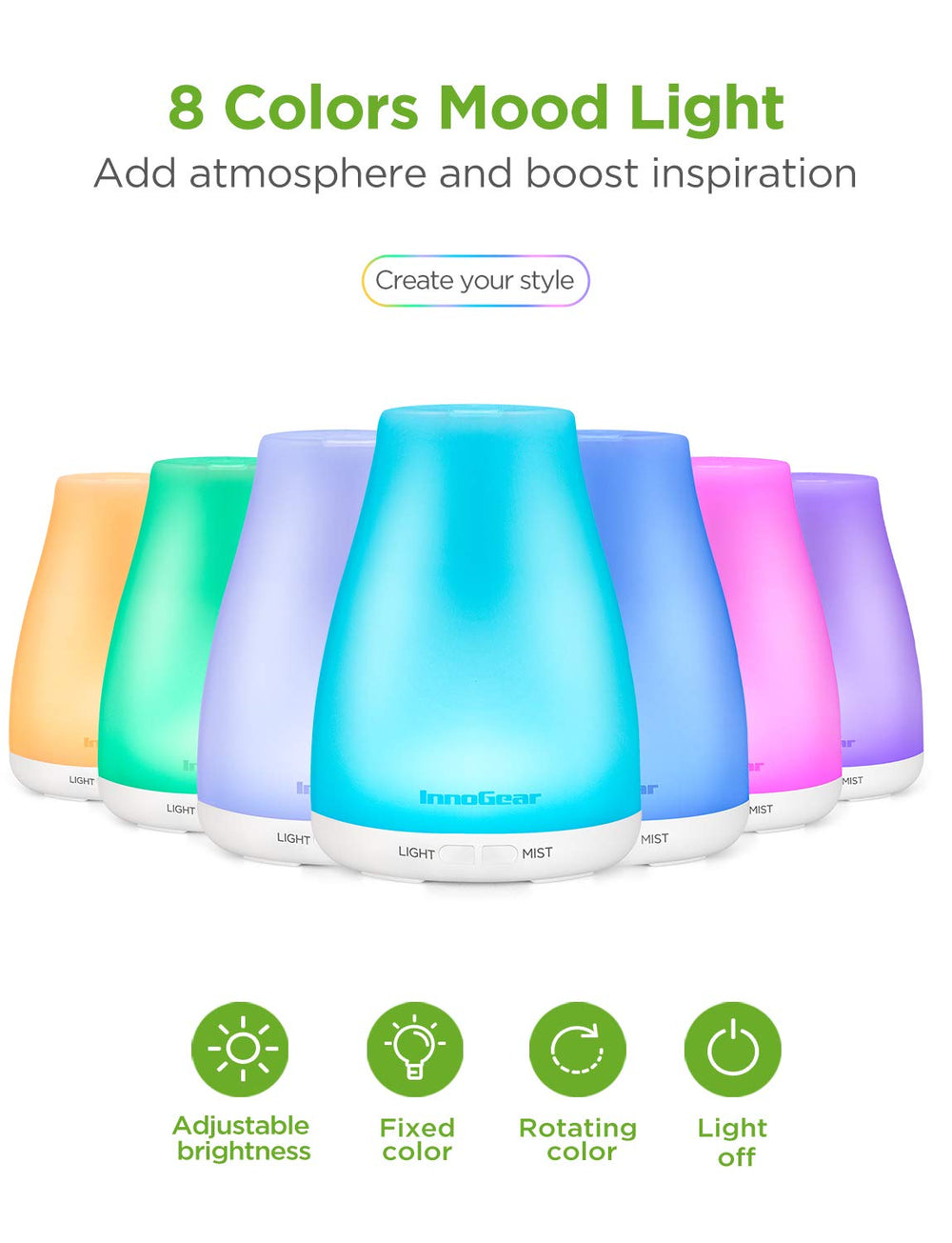 InnoGear diffuser oil bottles close-up, showcasing purity for a calming aromatherapy session