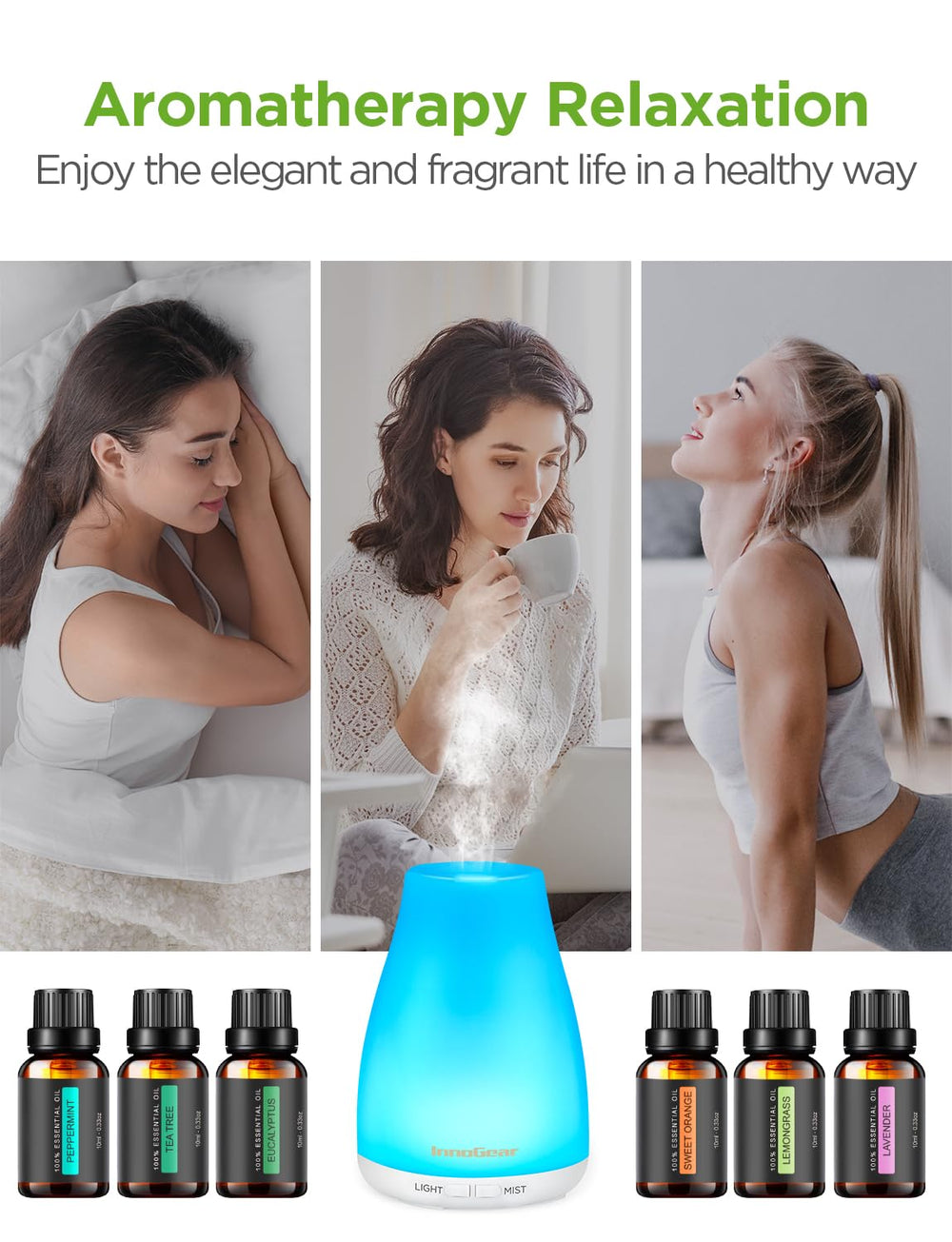InnoGear 100% pure USA-sourced oils included for authentic aromatherapy