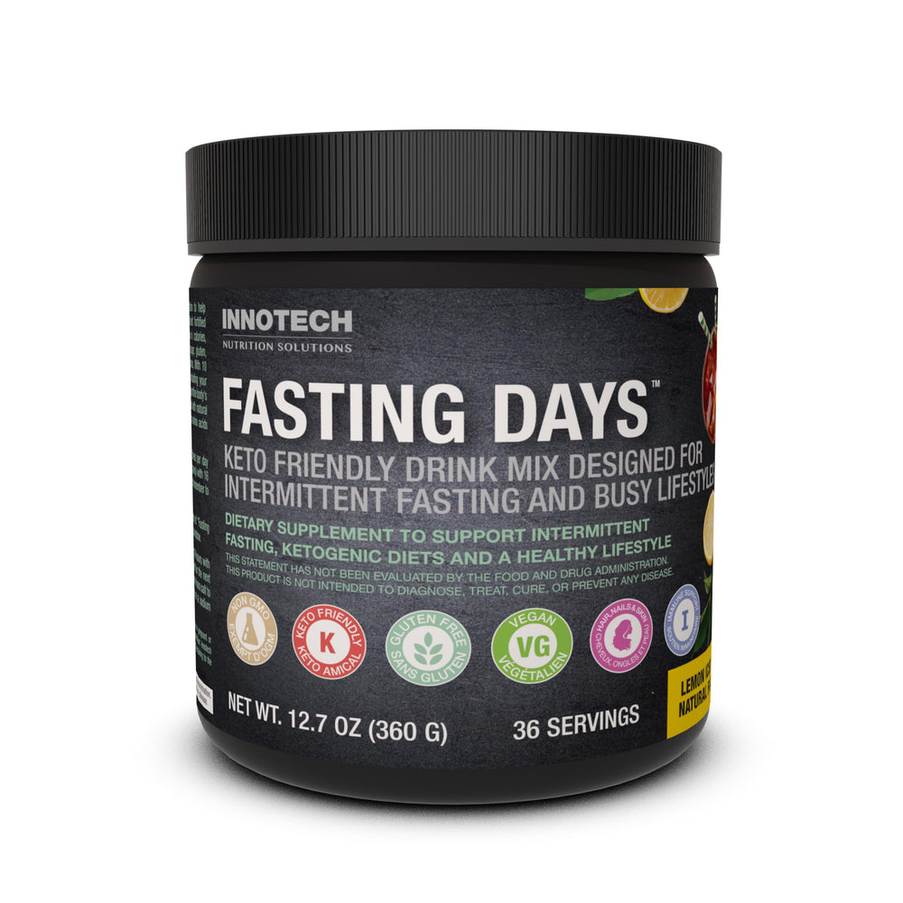 Innotech Nutrition Solutions Fasting Days lemon iced tea tub for easy mix-and-go hydration.