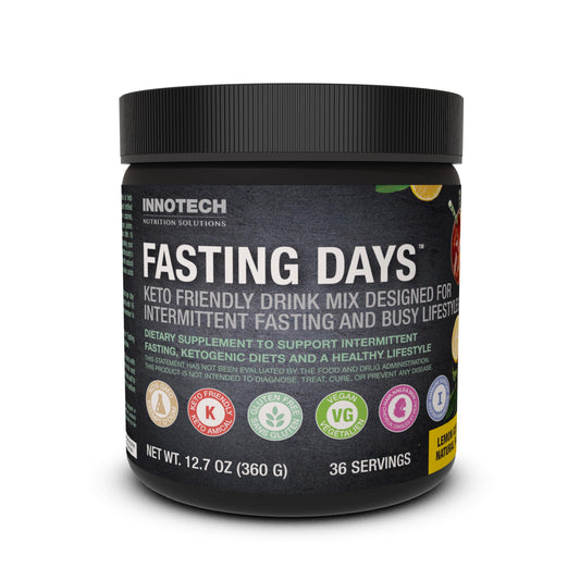 Innotech Nutrition Solutions Fasting Days lemon iced tea tub for easy mix-and-go hydration.