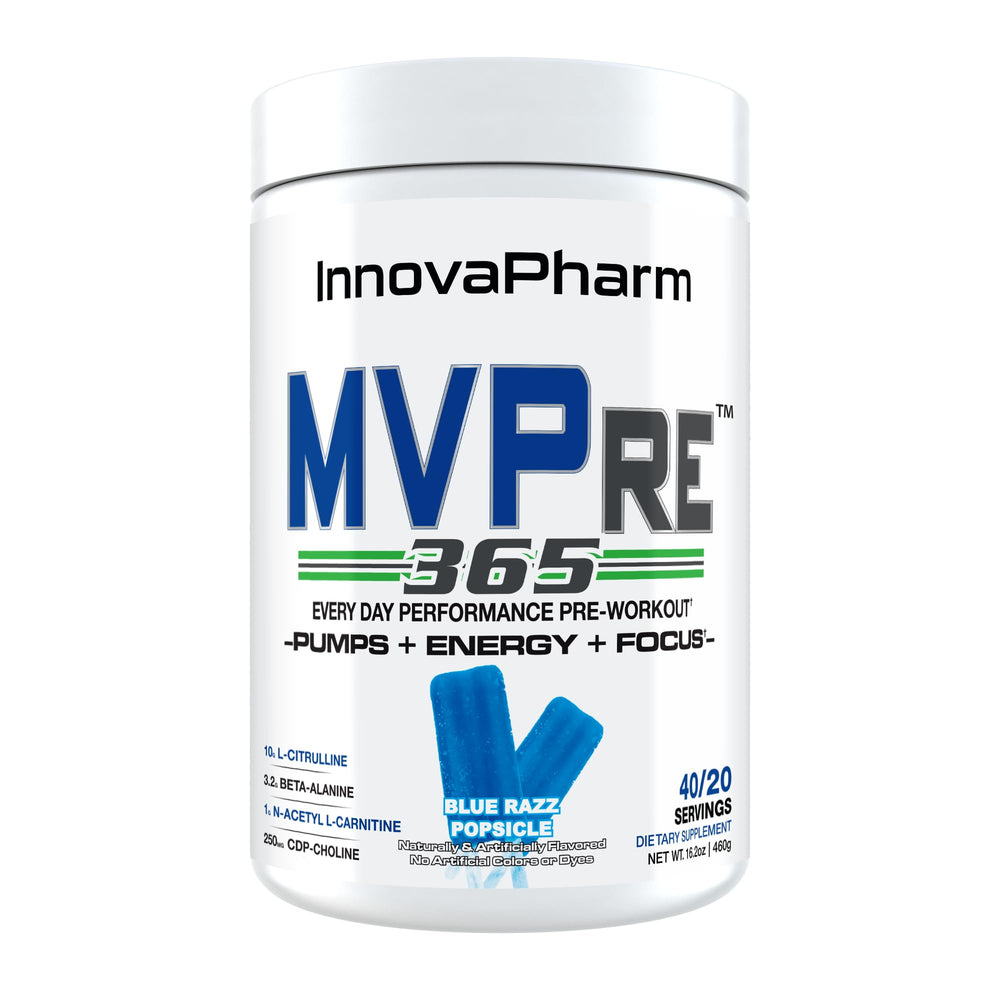 InnovaPharm MVPRE 365 Blue Razz Popsicle bottle supports pre-workout energy and focus.