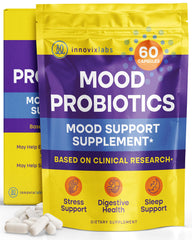 InnovixLabs Mood Probiotic bottle on white background supports daily digestive and mood wellness.