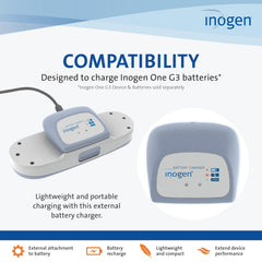 Inogen One G3 charger side view showing compact portable design.
