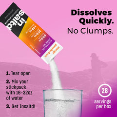INSALTD Quick-dissolve electrolyte packets shown dissolving in water