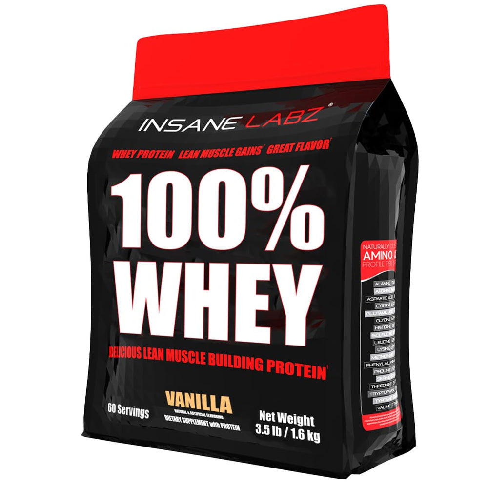 Insane Labz 100% Whey Vanilla tub, promoting lean muscle support and smooth mixability.