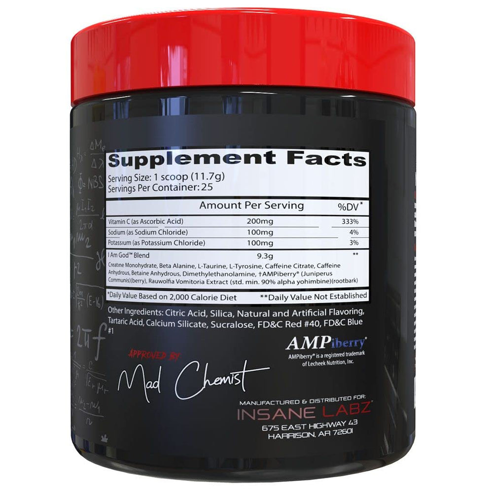Insane Labz I Am God Fruit Punch flavor label emphasizes focus and stamina for training sessions.