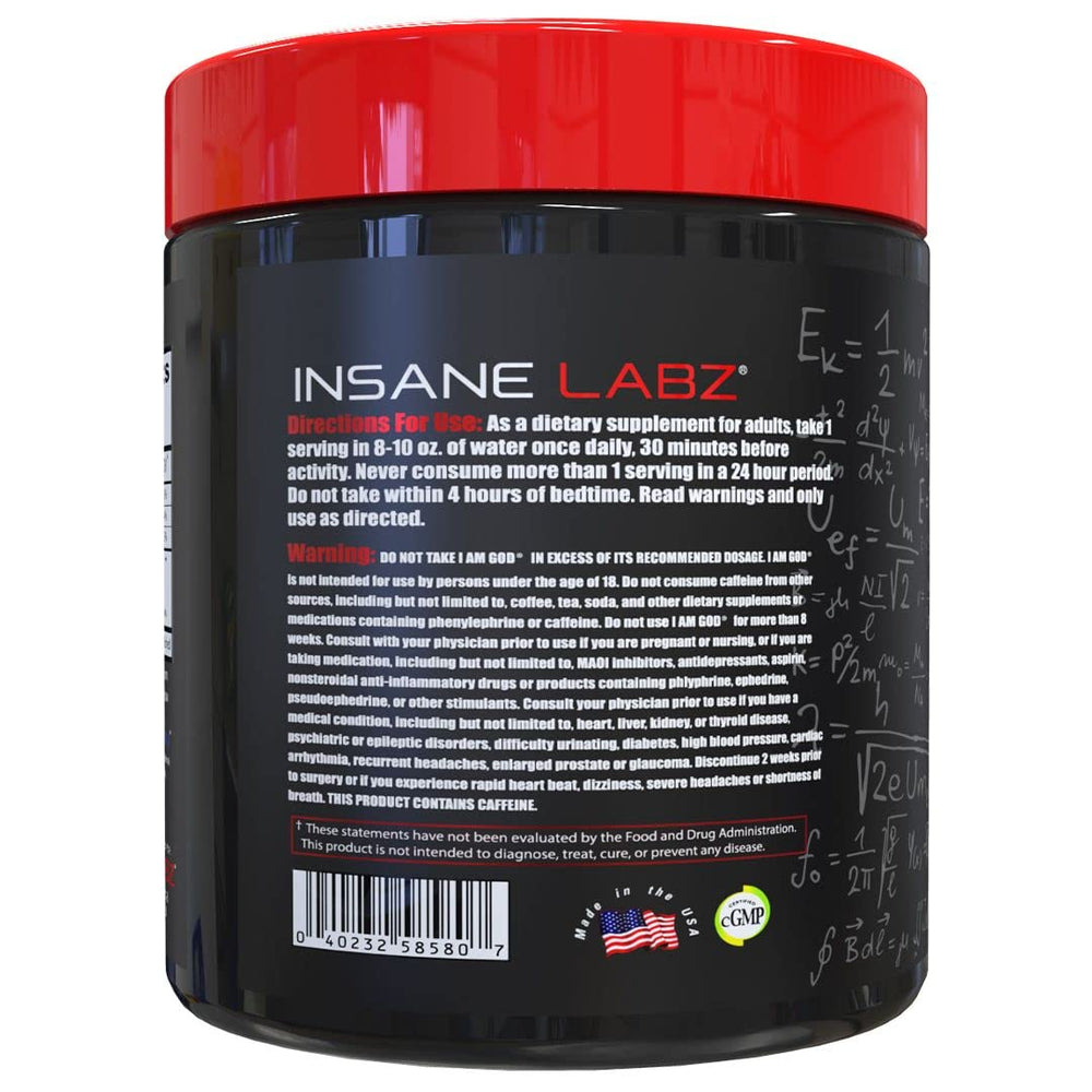Insane Labz I Am God label, design emphasizes creatine and DMAE for strength support